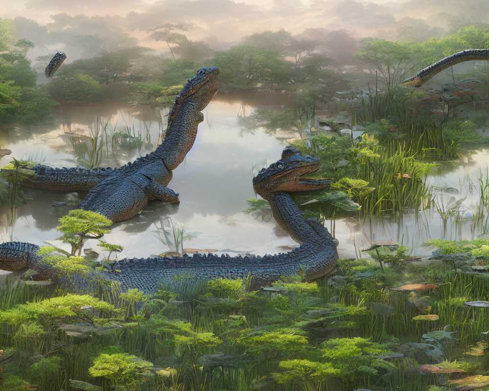 Prehistoric scene: Two large dinosaurs near misty water and lush greenery