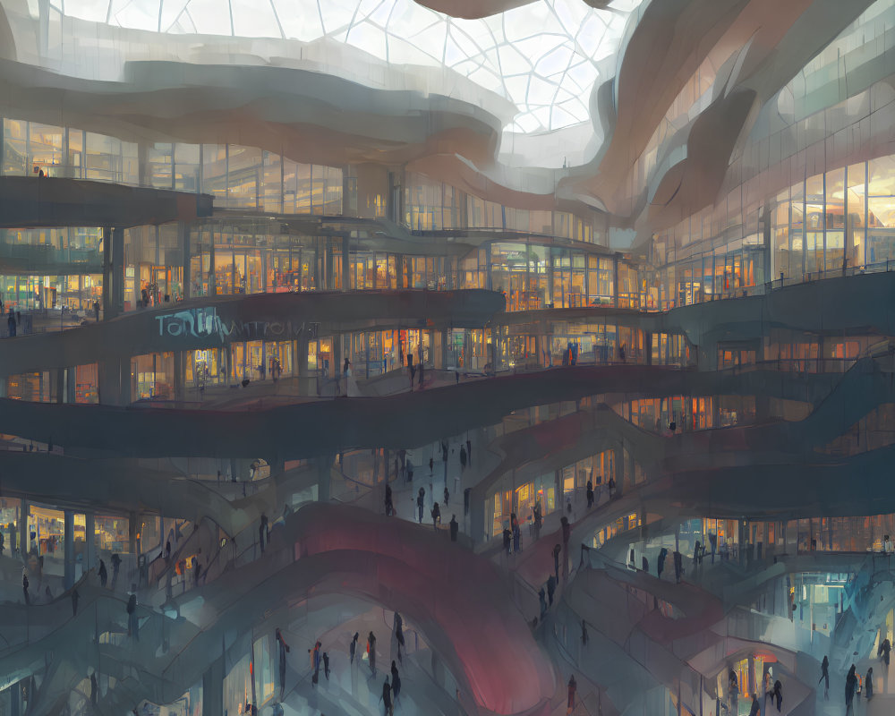 Modern multi-level shopping mall with flowing design, bright storefronts, and transparent ceilings