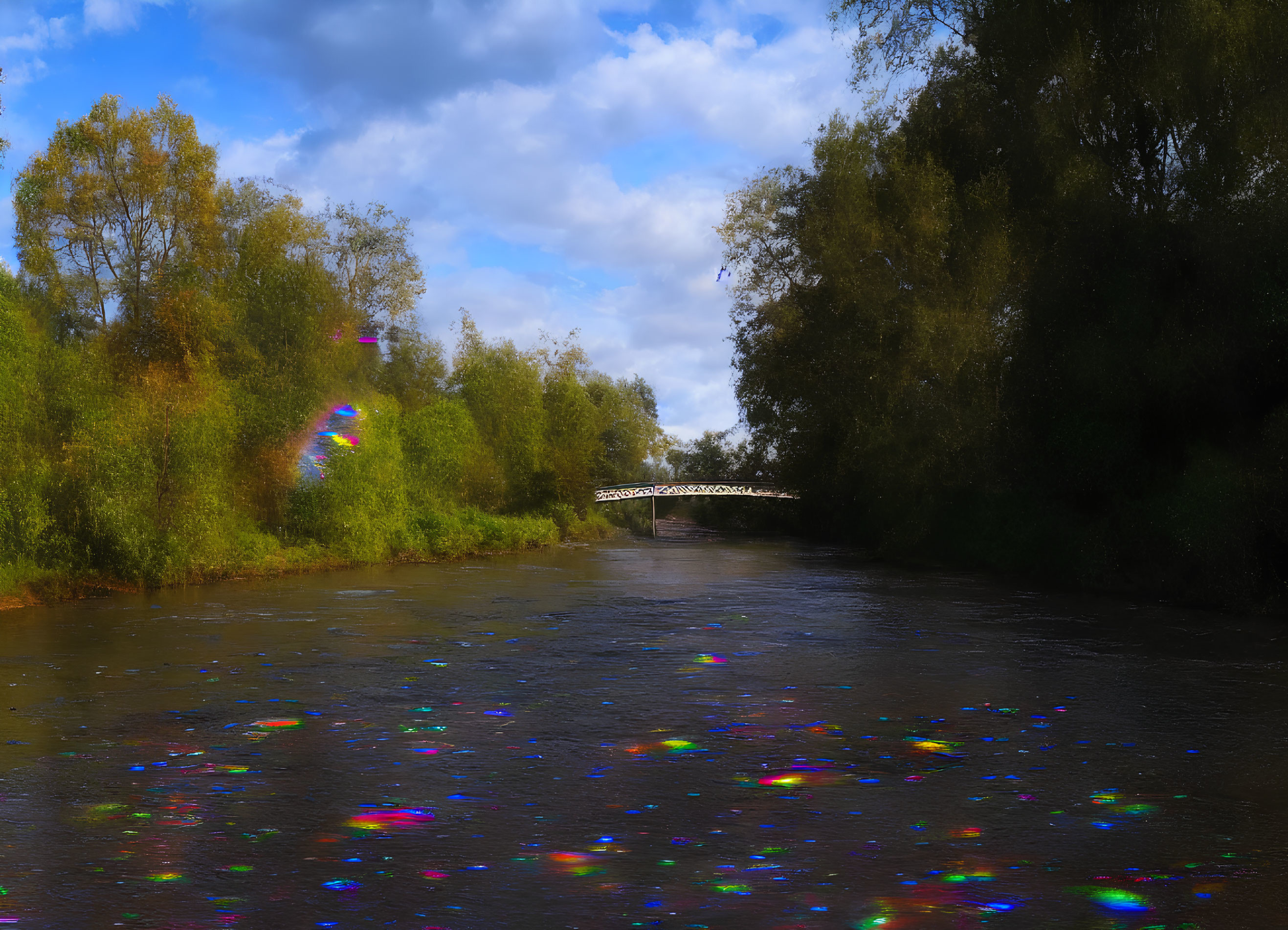 Scenic river landscape with rainbow light spots and lush greenery
