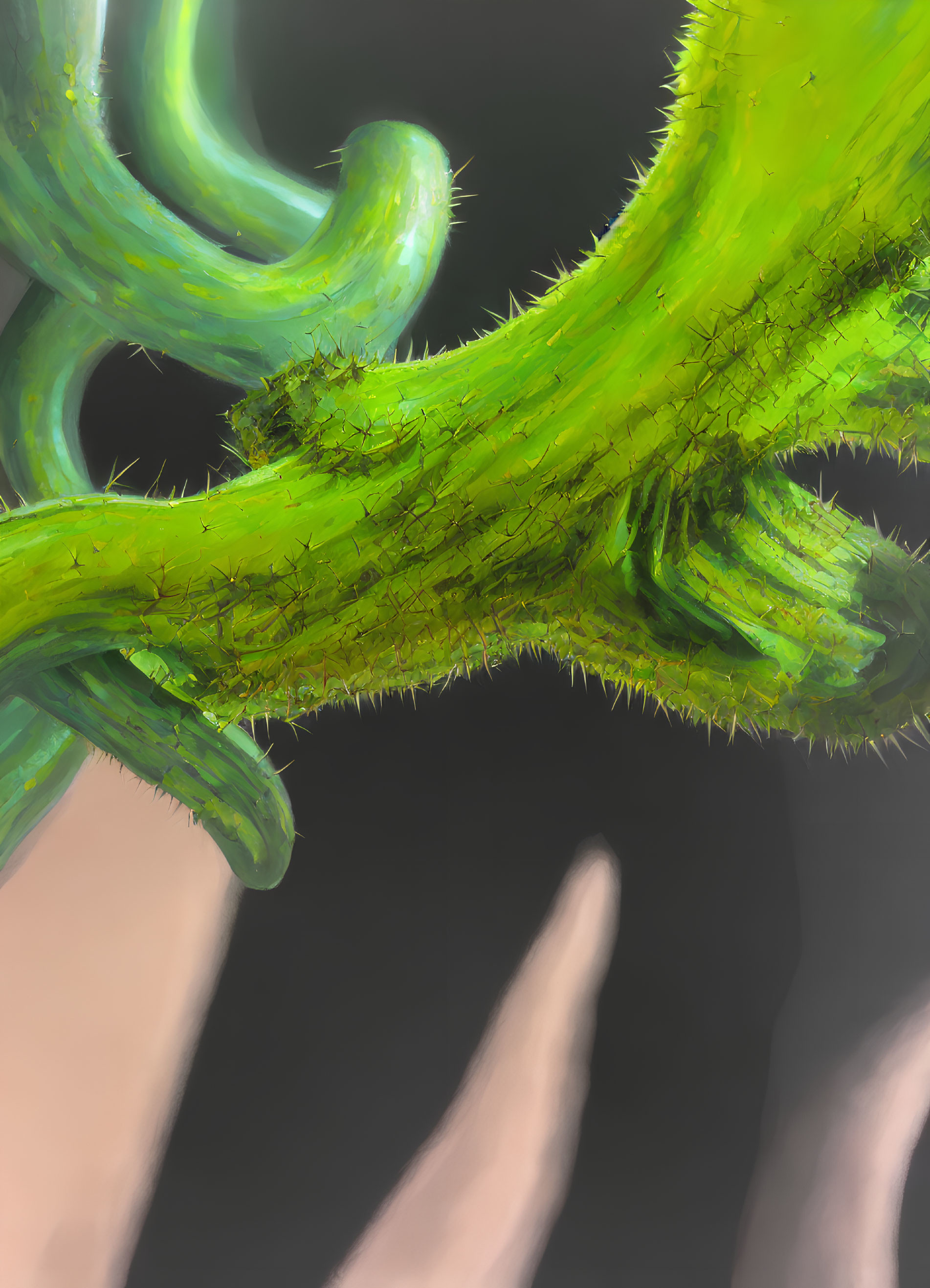 Fantasy green tentacles with spiky textures on dark background