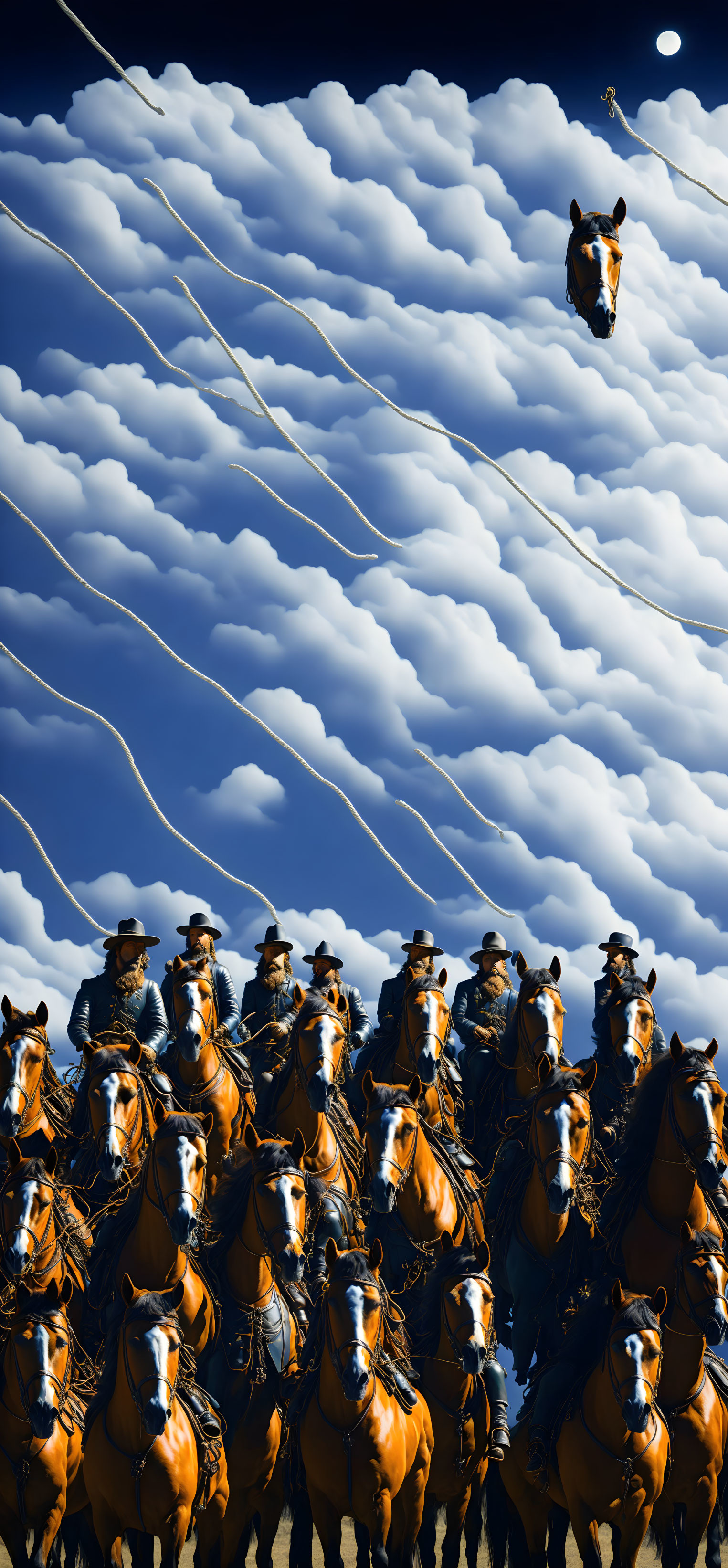 Surreal cowboy riders on chestnut horses stacking into the sky