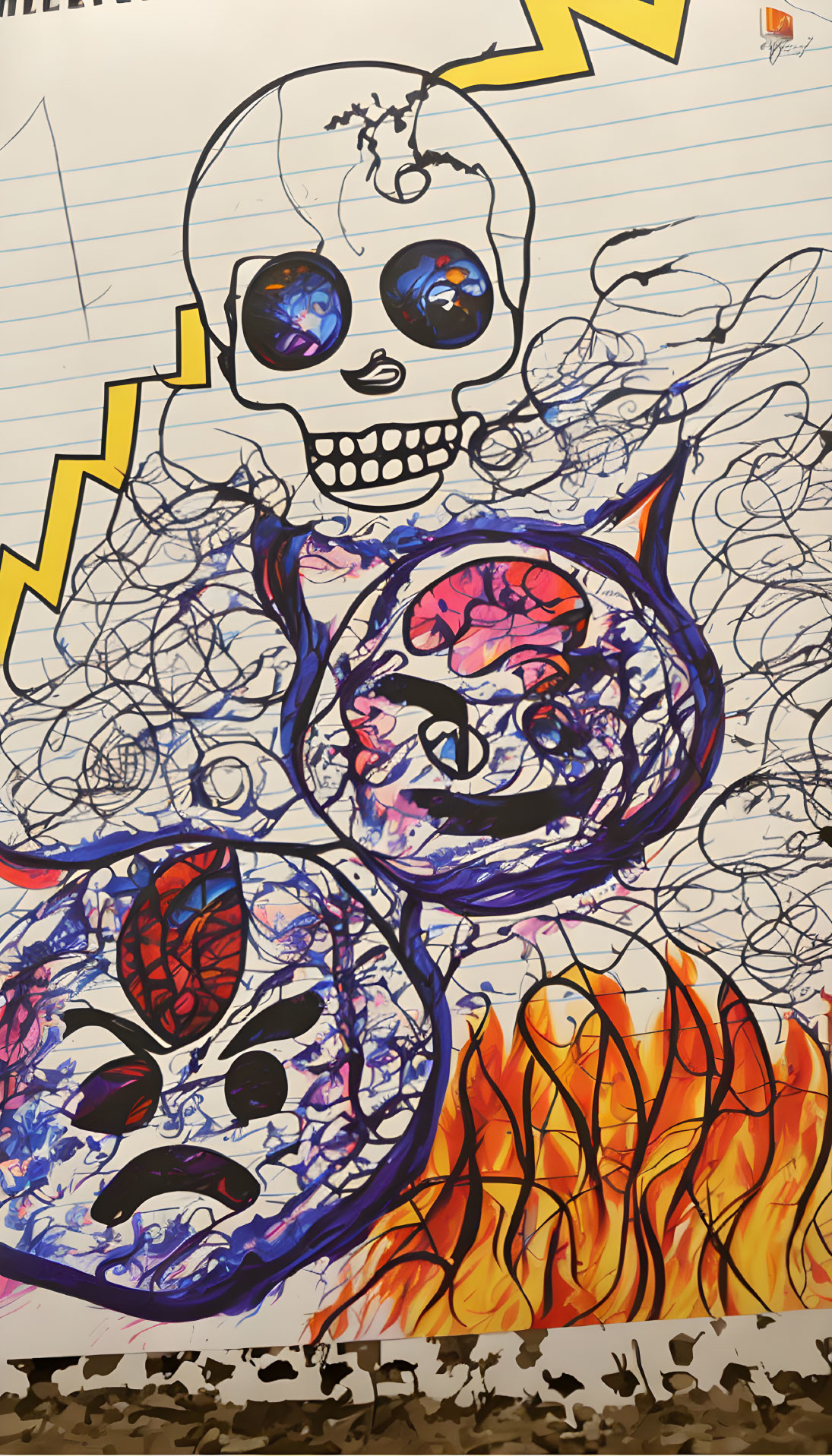 Skull graffiti art with intertwined circles and doodle flames background