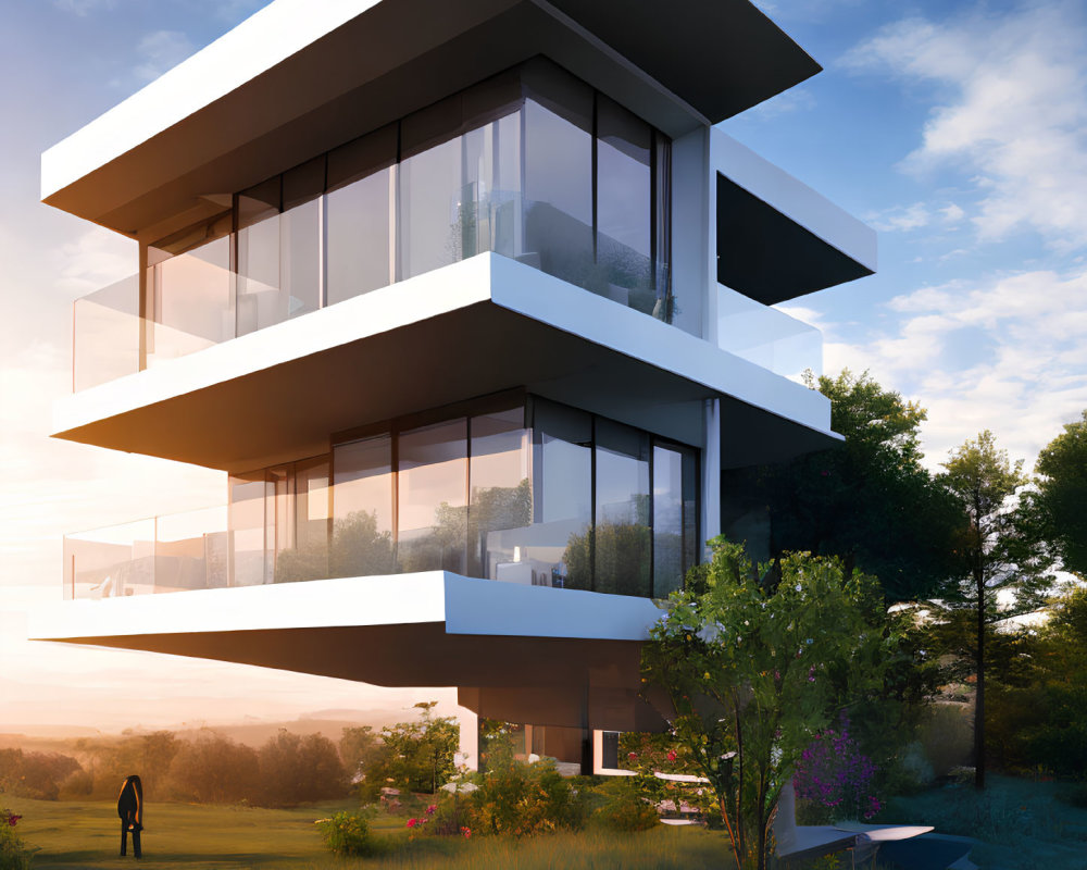 Modern multi-level house with expansive glass windows and cantilevered design in natural setting at sunset
