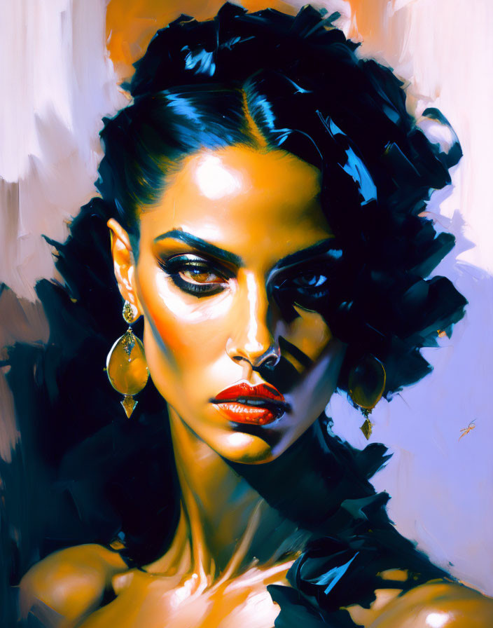 Vibrant Portrait of Woman with Dark Hair and Gold Earrings