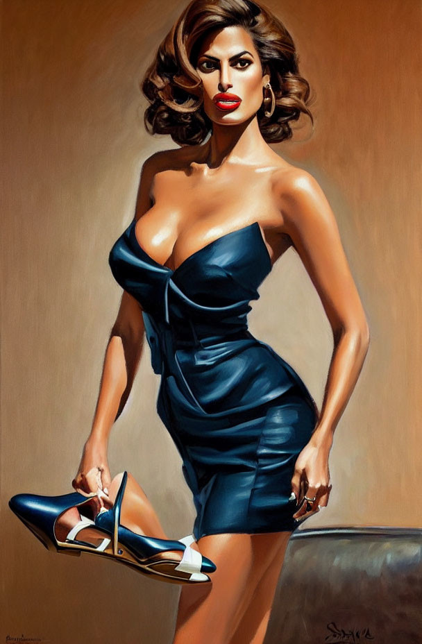 Stylized painting of woman in navy blue dress with high-heeled shoe