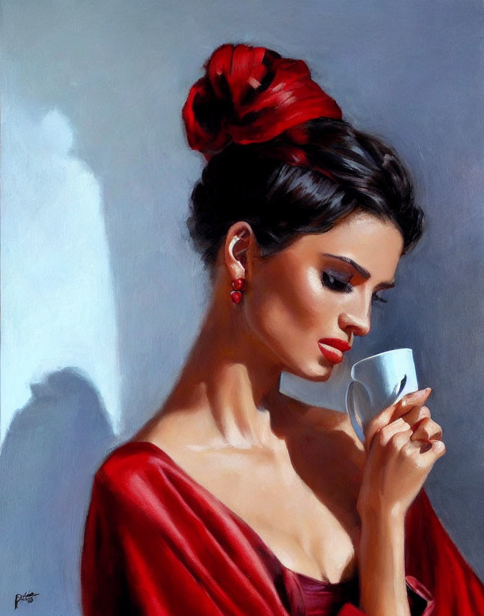 Stylish woman in updo hairstyle and red dress sipping from cup