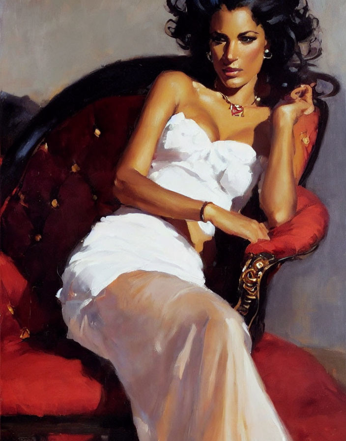 Woman in white dress sitting elegantly on red chair with contemplative expression