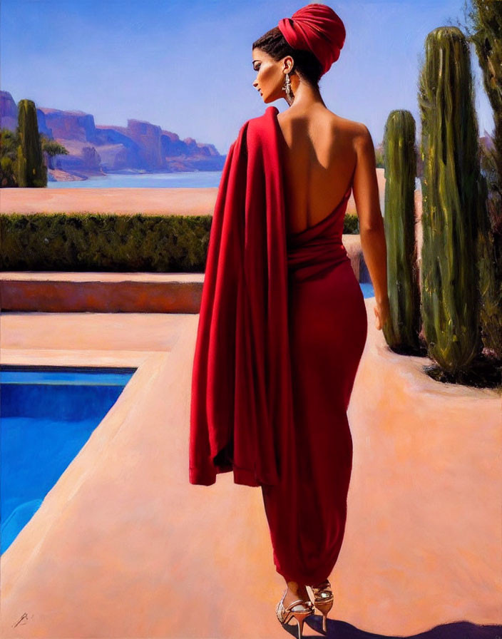 Woman in red dress by pool in desert landscape with cacti and cliffs