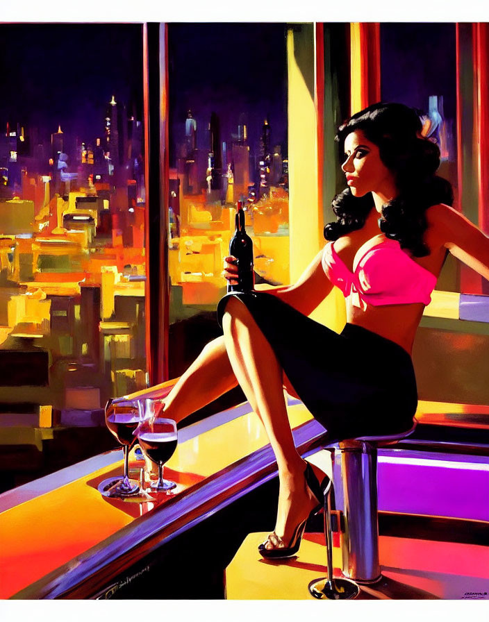 Stylized painting of woman by night window with wine