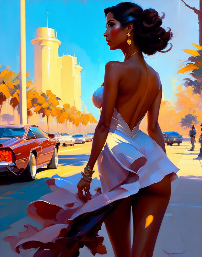 Woman in white dress by sunlit street with vintage cars and palm trees