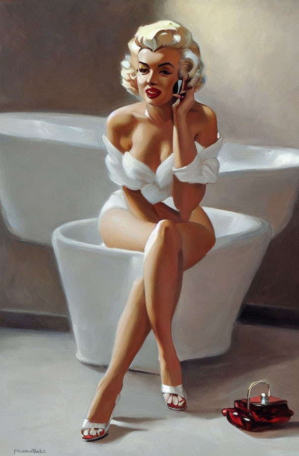 Blonde woman in towel on tub with phone and red purse