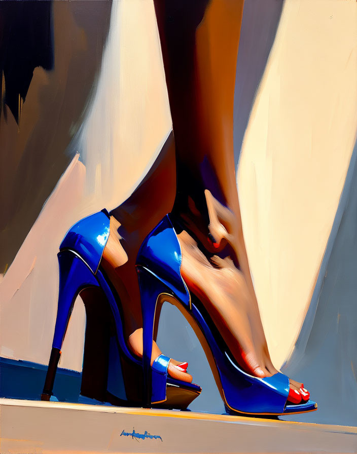 Stylized painting of woman's legs in blue high heels with dynamic shadows