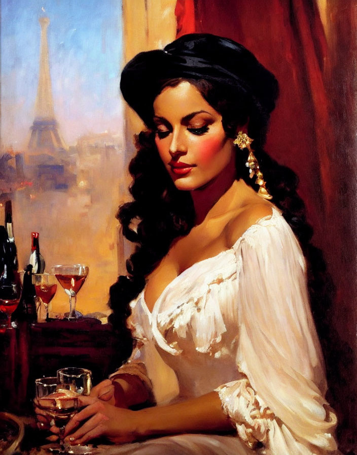 Woman in white dress and black hat at table with wine glass, Eiffel Tower in background.