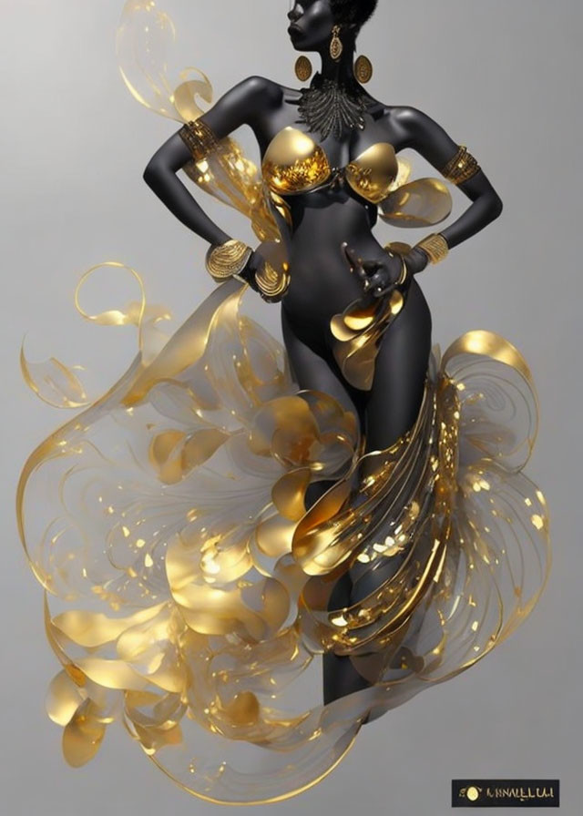 Dark-skinned woman in golden jewelry and swirling dress.