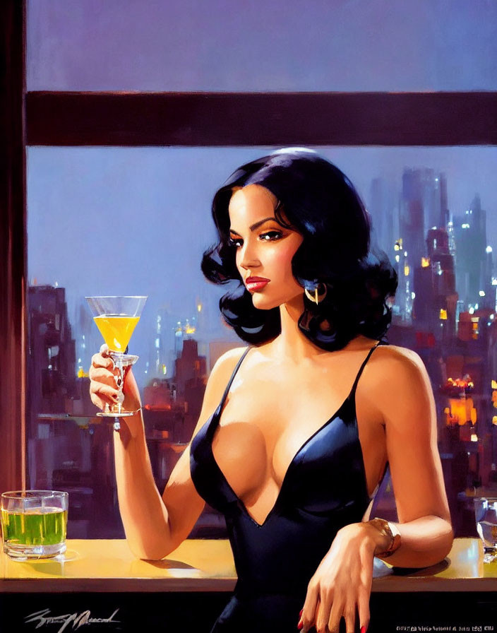 Dark-haired woman in black dress with cocktail, cityscape view at dusk