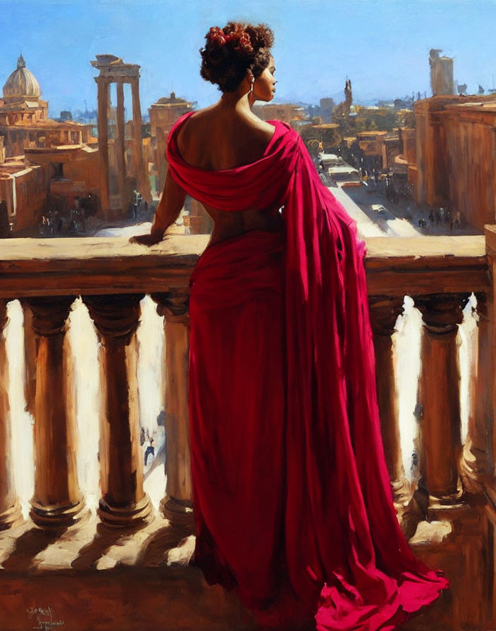Woman in Red Shawl Overlooking Sunlit Rome Cityscape