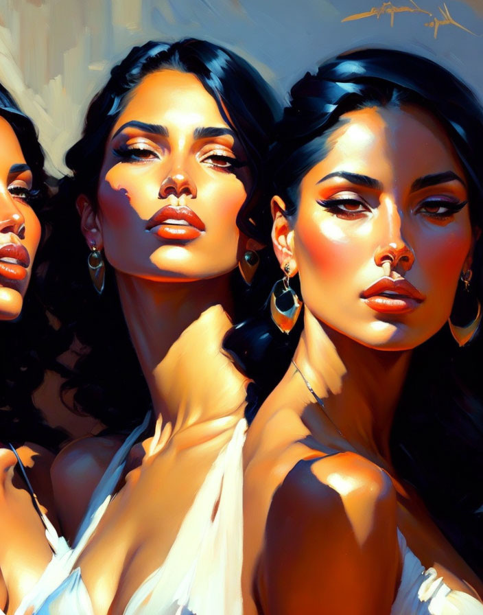Colorful portrait of three women with glowing skin and stylish earrings in sunlit setting