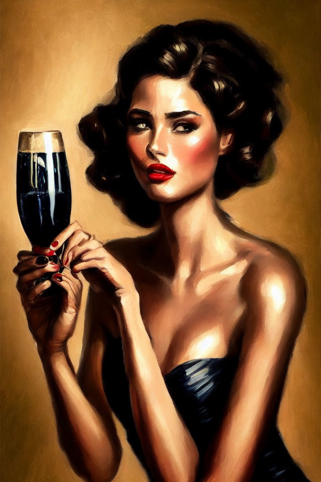Classical painting of elegant woman with wavy hair and red lips holding a wine glass