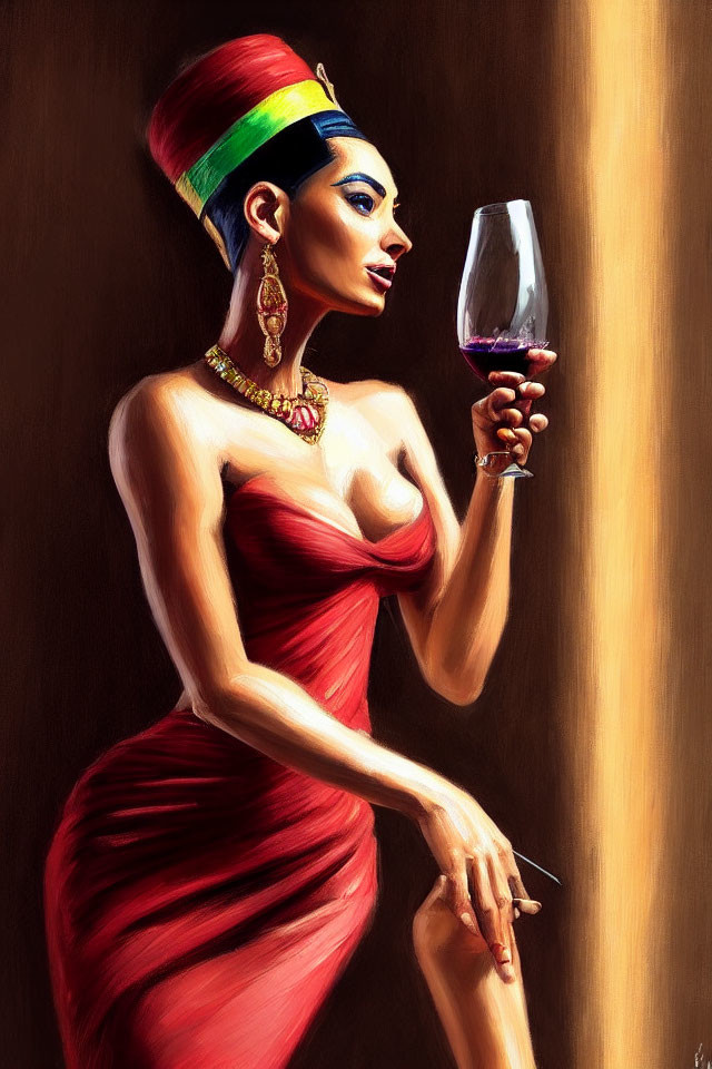 Person in red dress with headdress holding wine glass exudes elegance