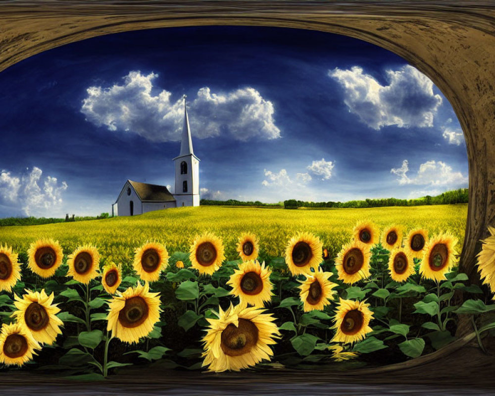 Panoramic church scene in yellow field with sunflowers and blue sky