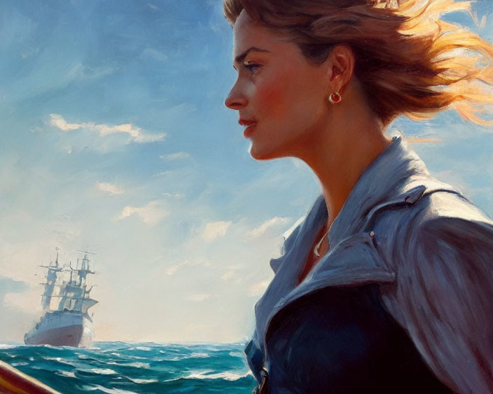 Woman at sea gazes towards horizon with sailing ship under cloudy sky