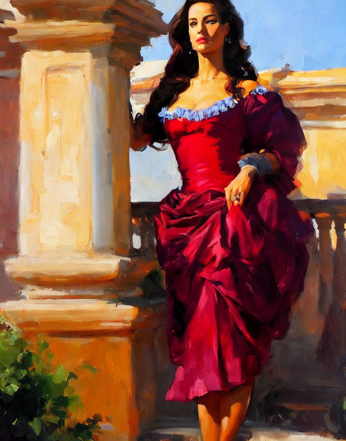 Vibrant red dress woman beside column in warm architecture setting