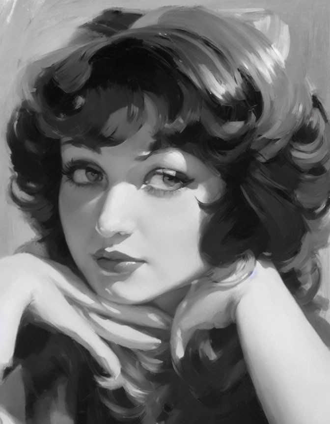 Monochrome painting of a woman with curly hair and captivating eyes