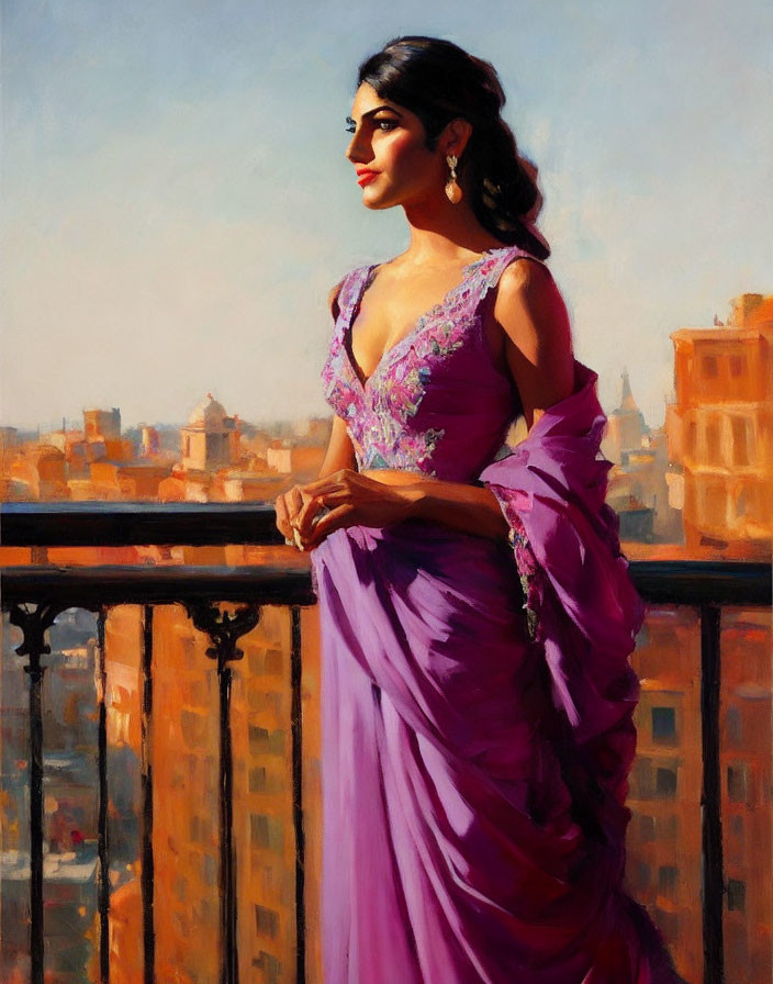 Woman in Purple Saree on Balcony Overlooking Cityscape at Sunset
