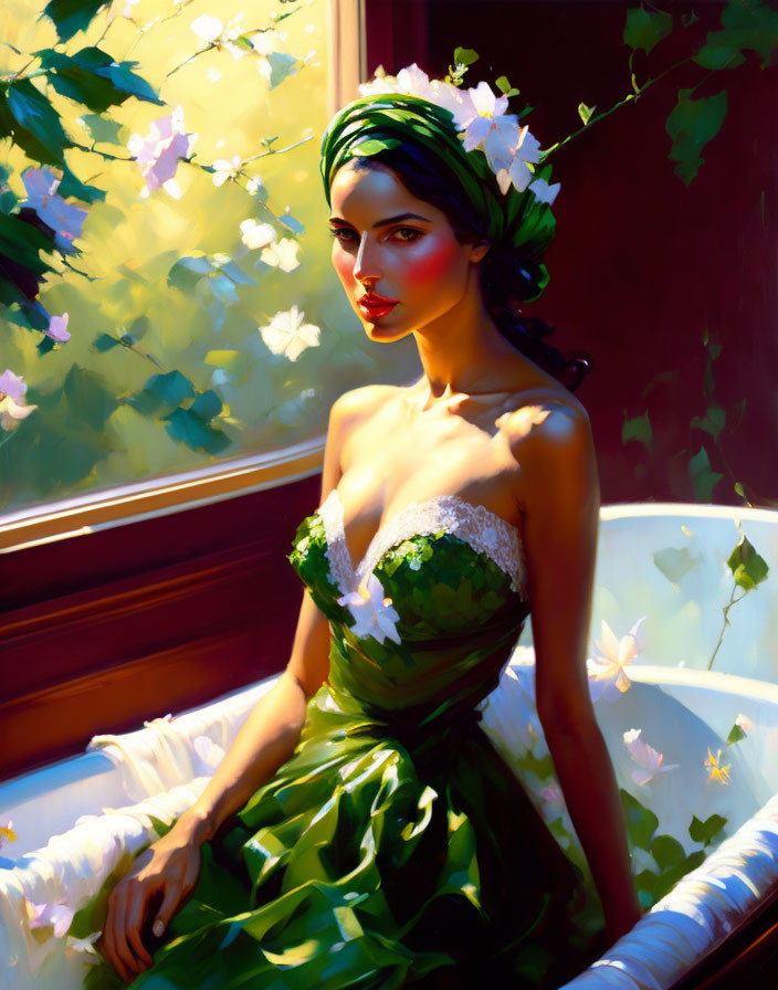 Woman in Green Floral Dress Sitting by Window with Sunlight and Flowers in Hair