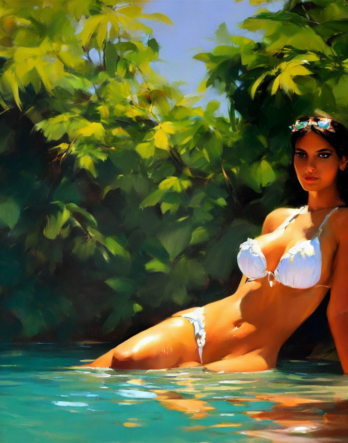 Woman in white bikini by water with sunlit foliage backdrop and flower in hair