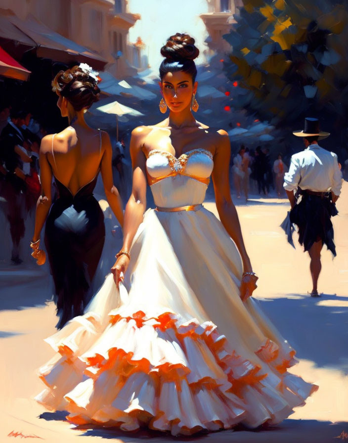 Sophisticated urban scene: Elegant woman in white and orange dress on sunlit street