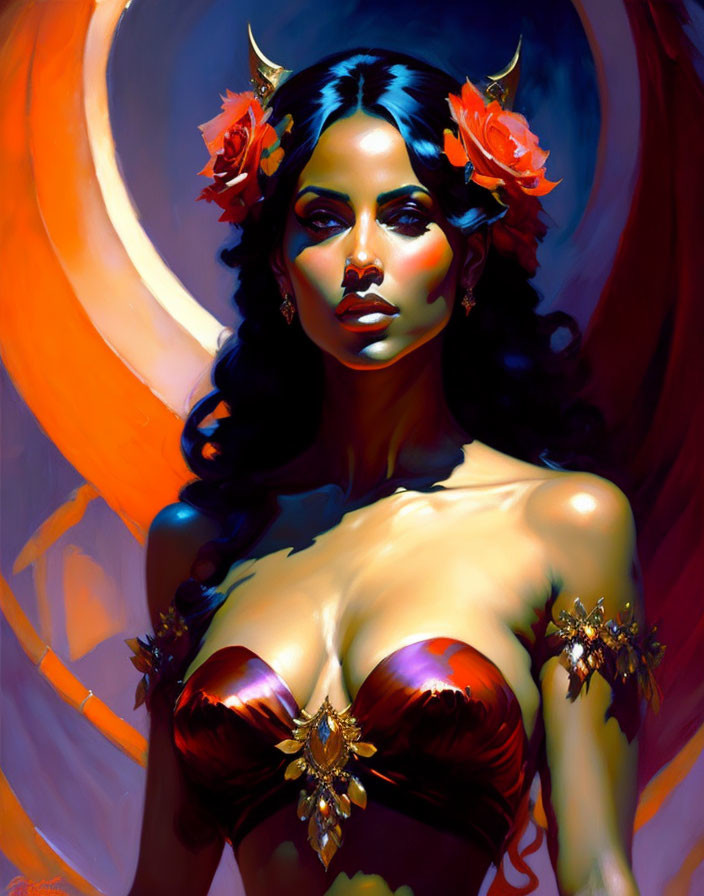 Digital painting of woman with horns and red flowers, wearing ornate gold jewelry