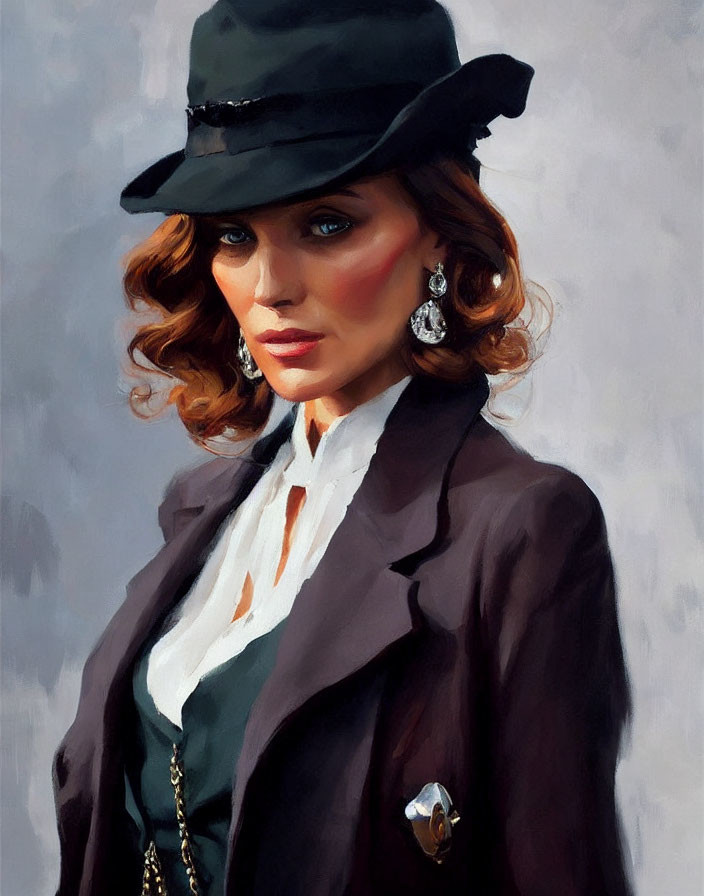 Portrait of Woman with Auburn Hair in Black Hat and Blazer