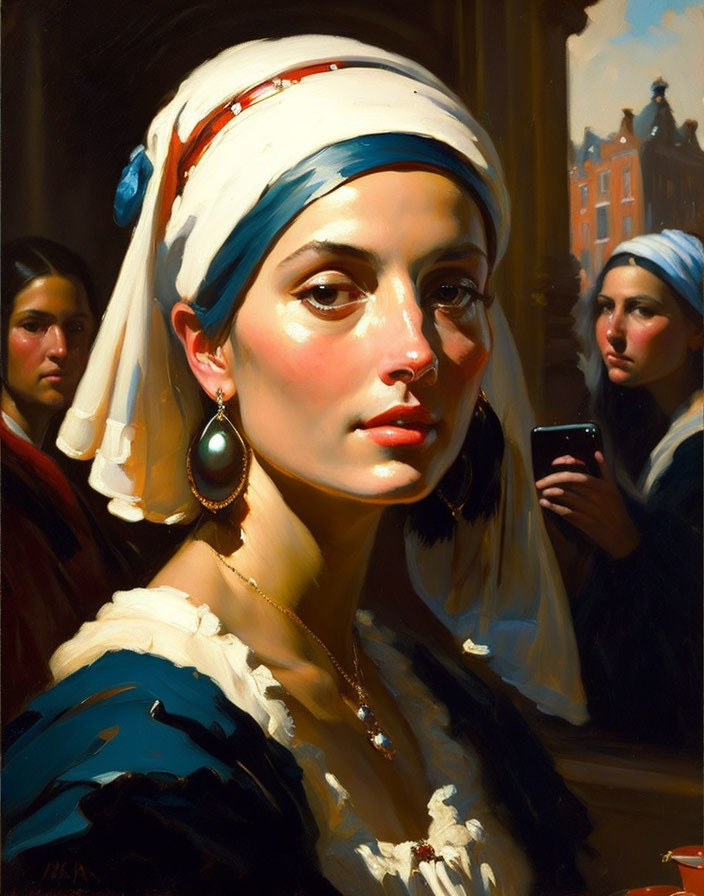 Modern reinterpretation of iconic painting with headscarf woman and smartphone user