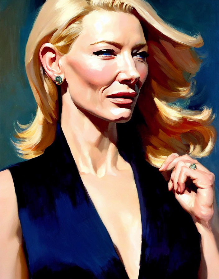 Blonde woman in dark top and earrings smiling portrait