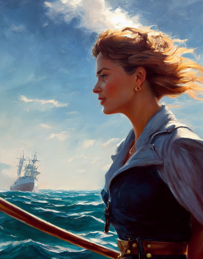 Woman at sea gazes towards horizon with sailing ship under cloudy sky