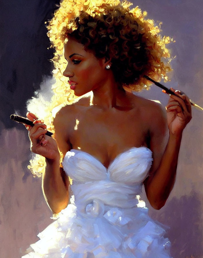 Woman in White Strapless Dress Holding Cigar with Voluminous Curly Hair