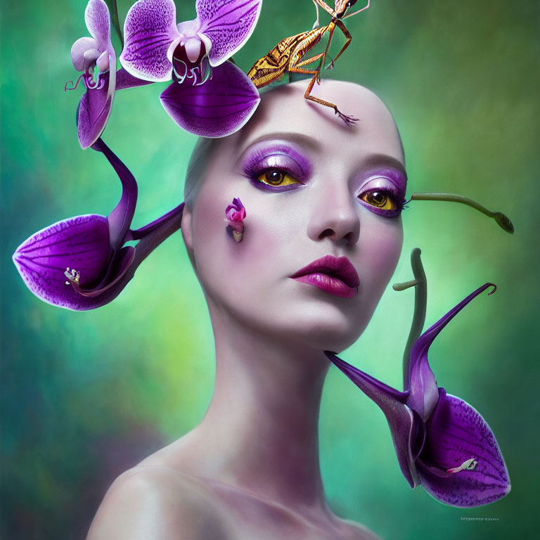 Woman with Purple Makeup and Orchids Poses with Mantis on Head