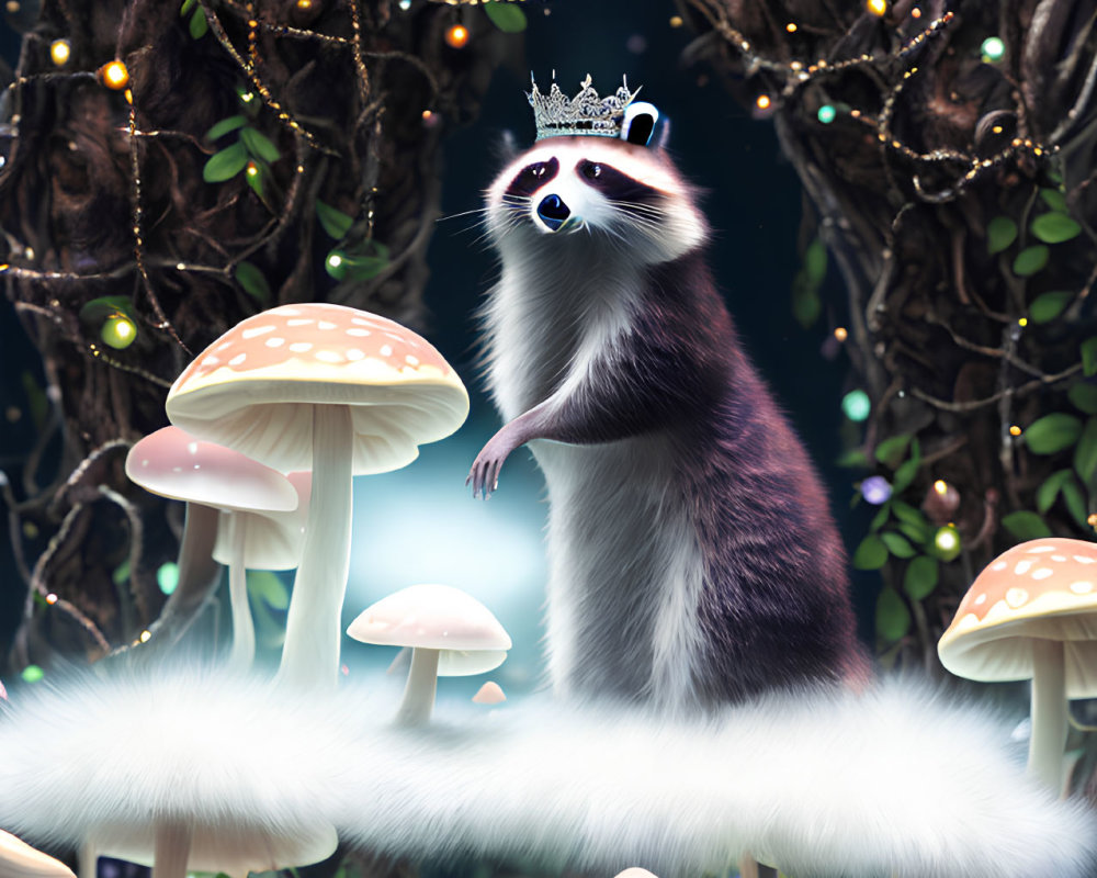 Enchanted forest scene with raccoon wearing crown among glowing mushrooms