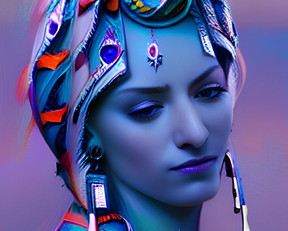 Colorful Headwrap and Makeup with Blues, Purples, and Reflective Surfaces