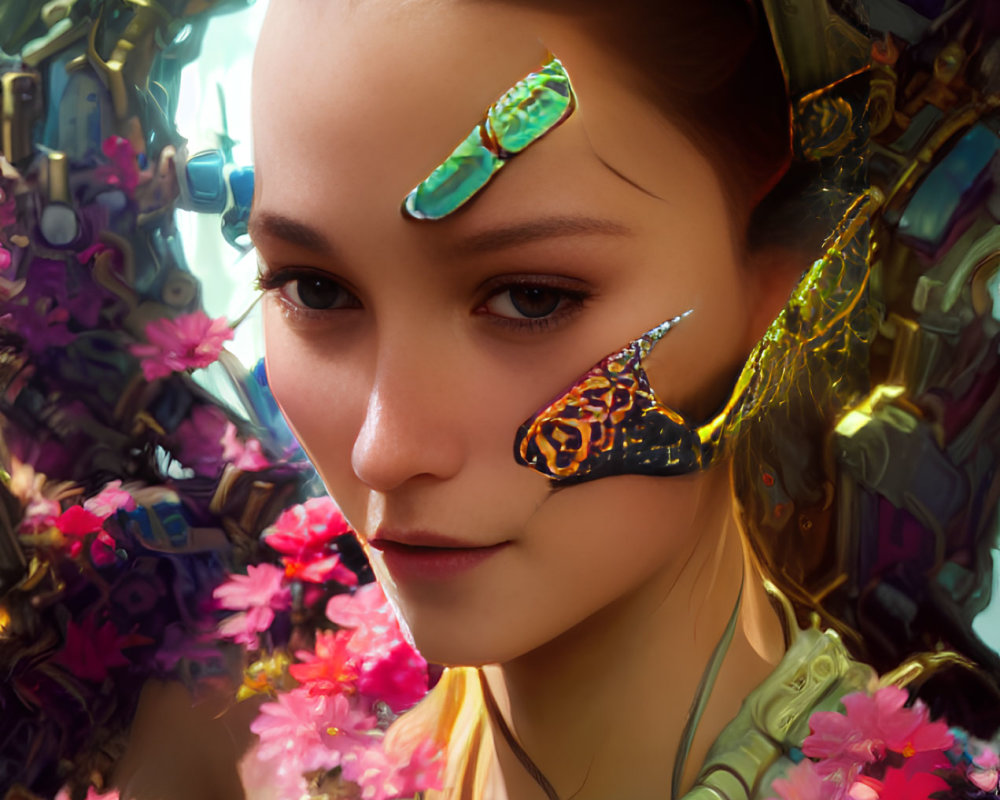 Serene woman in futuristic headset with flowers and butterflies