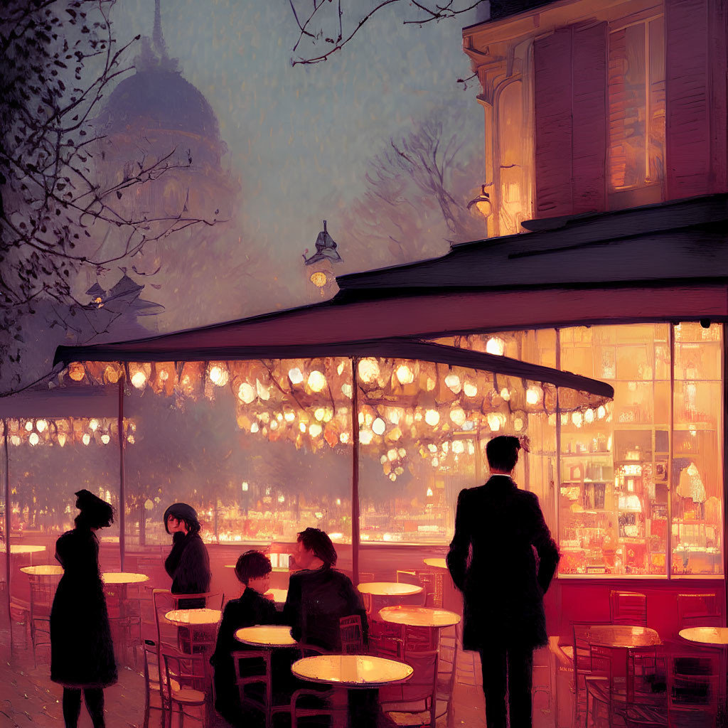 Cozy Cafe Terrace Scene with Warm Golden Lights