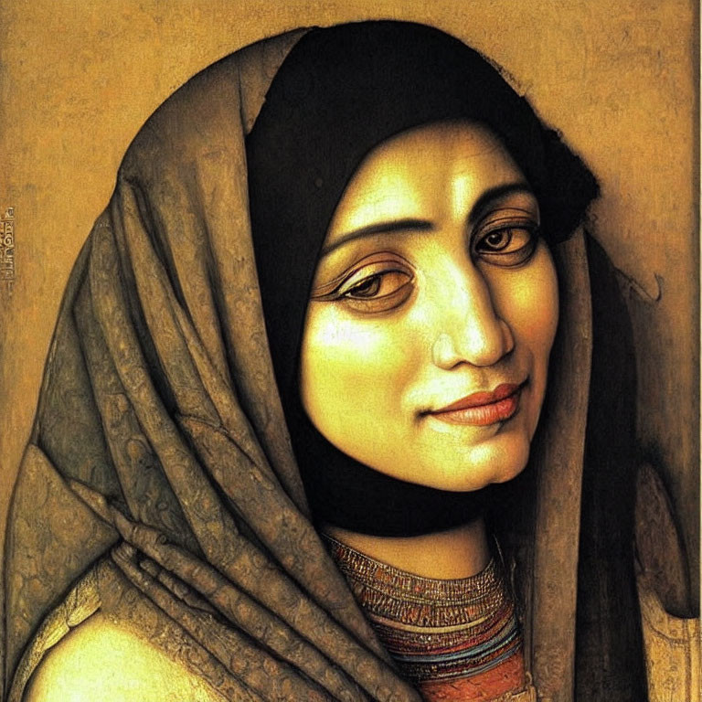 Textured painting of woman in headscarf with warm tones & jewelry