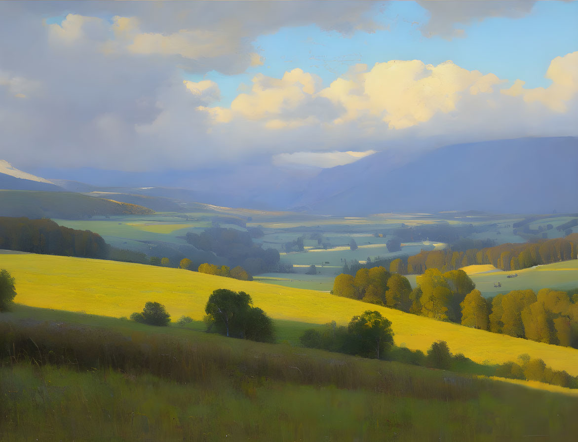 Tranquil landscape with golden fields, green trees, and distant mountains