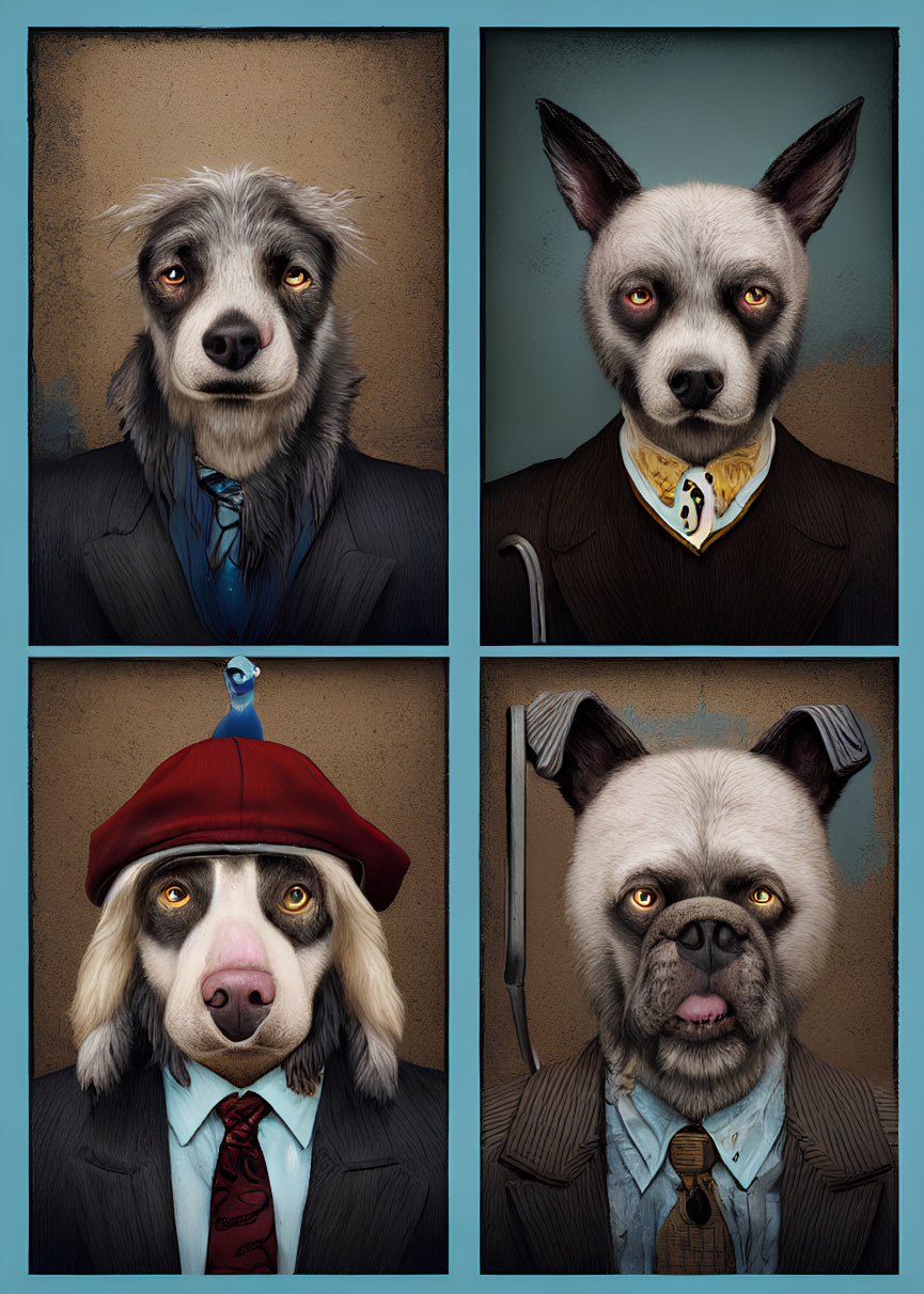 Anthropomorphic dogs in suits with unique outfits and expressions