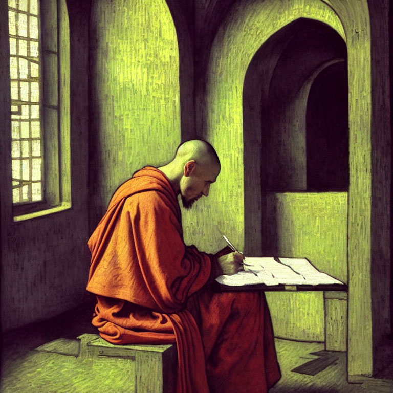 Monk writing at desk in tranquil stone alcove