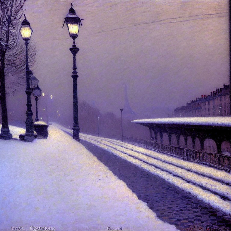 Snowy Evening Paris Scene: Street Lamps, Eiffel Tower Silhouette