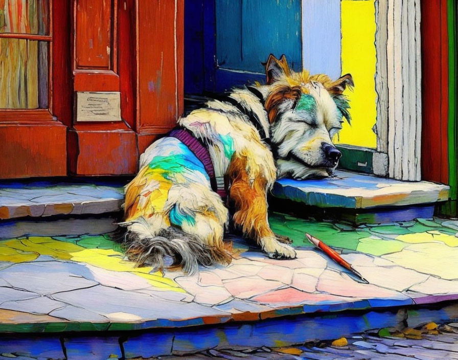 Sleeping dog artwork with paintbrush, vibrant doorway, cracked floor
