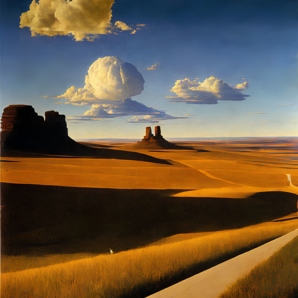 Majestic landscape with towering buttes, winding road, and billowing clouds
