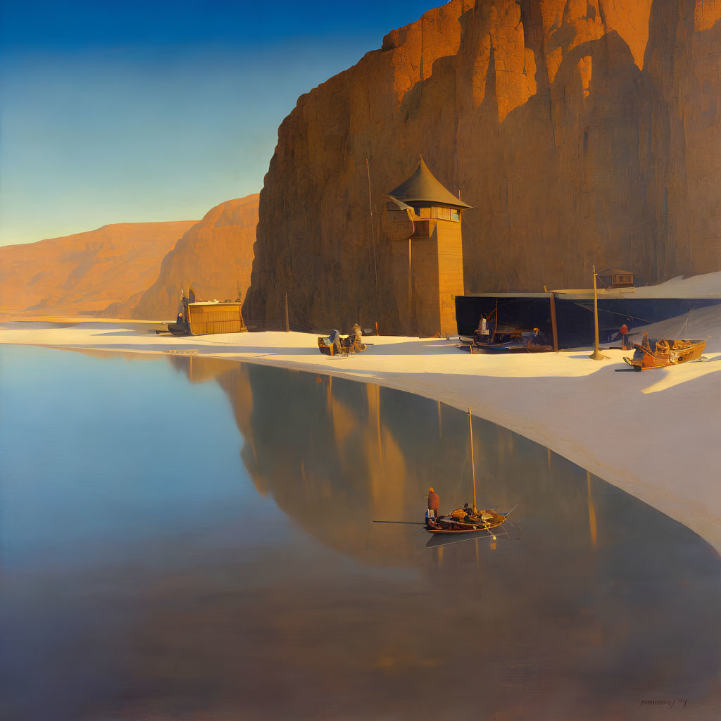Tranquil river scene with cliff, watchtower, boats, and figures